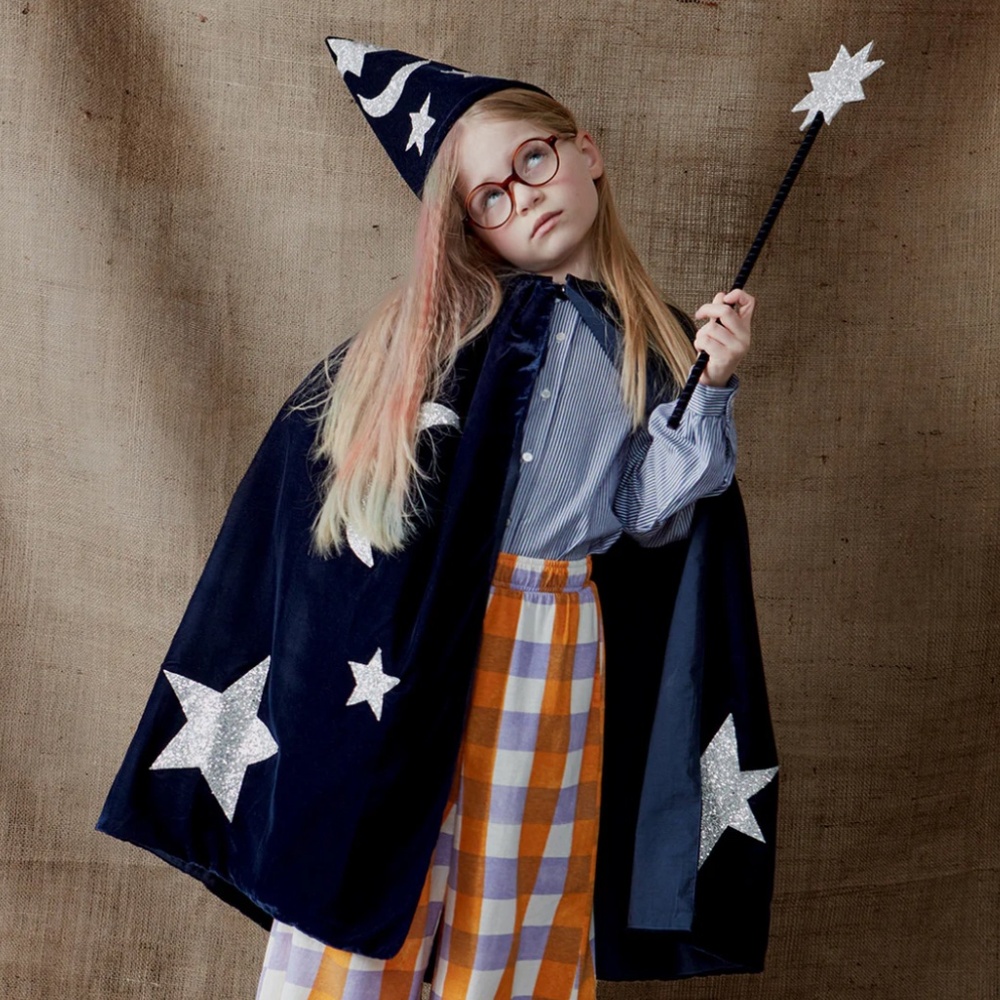 Meri Blue Velvet Wizard cape and hat- missing want and one star needs to be sewn